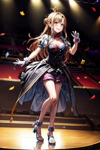 ((masterpiece, best quality), detailed, highres, extremely detailed, beautiful detailed eyes, ultra-detailed),1girl, solo, full body,cleavage, playing,((crown, gloves, dress,mfs)),((Idol girl in dress dancing on stage with confetti)),smile, splash art anime,(long hair,brown hair,(brown eyes:2) ),asuna yuuki