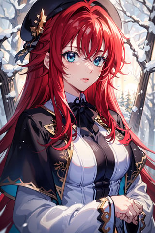 Perfect face, perfect body, perfect eyes, glamorous, gorgeous, delicate, romantic, (french beret woman, winter christmas clothes, romanticism, Harrison Fisher dark twist style, by Tokaito),((sunrise,Snowy forest)),1 girl, ((upper body),rias gremory