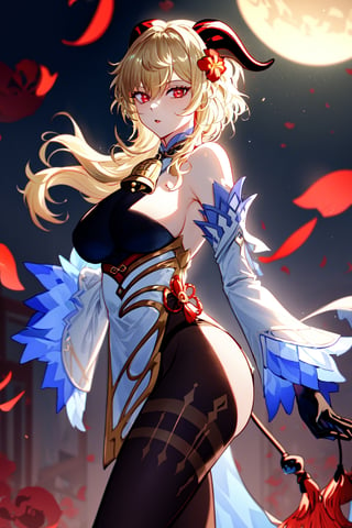 1girl, solo, ganyu \(genshin impact\),(bare shoulders, bell bottom, black gloves, black pantyhose, ((blonde hair)),  breasts, Chinese knot, loose sleeves, flower knot, gloves, horns, looking at viewer, large size breasts, flared neck, evening, open air, pantyhose, red eyes, side locks, single, tassel, white sleeves), ((masterpiece)),kitagawa marin, 