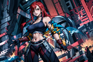 masterpiece, best quality, highres, 1girl, large breasts, black choker, collarbone, blue jacket, cropped jacket, open jacket, sports bra, midriff, fingerless gloves, black gloves, black pants, , standing, cowboy shot, stair, outdoors, alone, solo, erza scarlet, fairy tail, red hair, hair over one eye, brown eyes, long hair, looking at viewer, tattoo on left arm, red color, bare shoulders, closed hand, fairy tail
