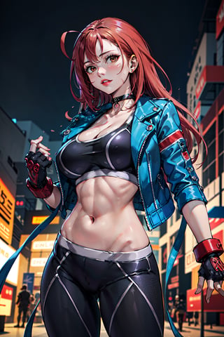 masterpiece, best quality, highres, 1girl, scar on cheek, large breasts, black choker, collarbone, blue jacket, cropped jacket, open jacket, sports bra, midriff, fingerless gloves, black gloves, black pants, , standing, cowboy shot, stair, outdoors, alone, solo, erza scarlet, fairy tail, red hair, brown eyes, long hair, looking at viewer,
