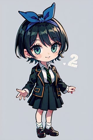 (chibi), full body, solo, 1girl, skirt, jacket, shirt, blue eyes, white shirt, necktie, green necktie, black hair, pleated skirt, socks, diagonal-striped necktie, open jacket, open clothes, striped necktie, collared shirt, black jacket, black skirt, striped, blazer, short hair, long sleeves, bangs, school uniform, black socks, diagonal stripes, hairband, hair ribbon, ribbon, blue hairband, dress shirt, bow, cowboy shot, smile, background park,