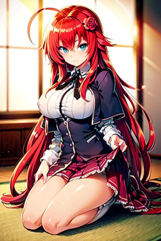 1GIRL RIAS_GREMORY,red hair, ahoge, blue eyes,very long hair, (red hakama:1.1), japanese clothes, hair ornament, room, sitting, on floor, hair flower,