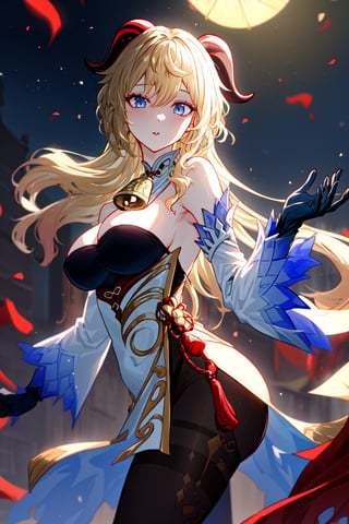 1girl, solo, ganyu \(genshin impact\),(bare shoulders, bell bottom, black gloves, black pantyhose, ((blonde hair)),  breasts, Chinese knot, loose sleeves, flower knot, gloves, horns, looking at viewer, large size breasts, flared neck, evening, open air, pantyhose, blue eyes, side locks, single, tassel, white sleeves), ((masterpiece)),kitagawa marin, red eyes