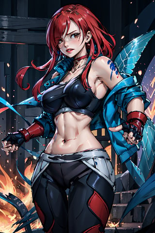 masterpiece, best quality, highres, 1girl, scar on cheek, large breasts, black choker, collarbone, blue jacket, cropped jacket, open jacket, sports bra, midriff, fingerless gloves, black gloves, black pants, , standing, cowboy shot, stair, outdoors, alone, solo, erza scarlet, fairy tail, red hair, hair over one eye, brown eyes, long hair, looking at viewer, tattoo on left arm, red color, bare shoulders, clenched fists
,fairy tail
