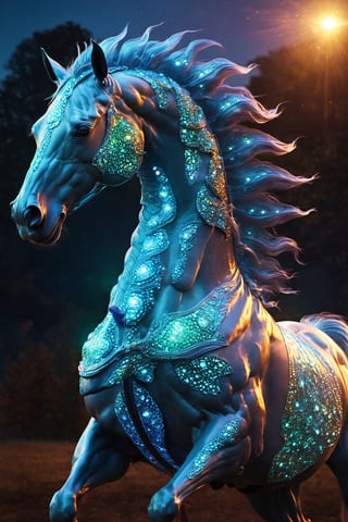Celestial (alien:1.2) creature in horse shape, with blue opalescent skin and iridiscent scales, masterpiece, absolutely perfect, stunning image, visually rich, intricately detailed, concept art, by Mschiffer, glowy, cinematic, UHD wallpaper, 3d, octane render, volumetric lights,Movie Still