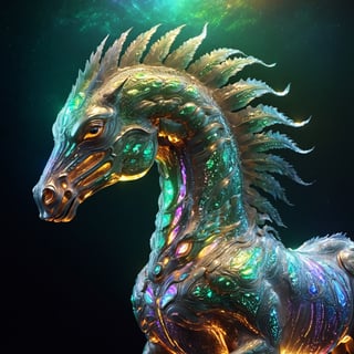 Celestial (alien:1.1) creature in horse shape, with opalescent skin and iridiscent scales, masterpiece, absolutely perfect, stunning image, visually rich, intricately detailed, concept art, by Mschiffer, glowy, cinematic, UHD wallpaper, 3d, octane render, volumetric lights,Movie Still,6000