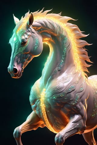 Celestial (alien:1.2) creature in horse shape, with opalescent skin and iridiscent scales, masterpiece, absolutely perfect, stunning image, visually rich, intricately detailed, concept art, by Mschiffer, glowy, cinematic, UHD wallpaper, 3d, octane render, volumetric lights,Movie Still