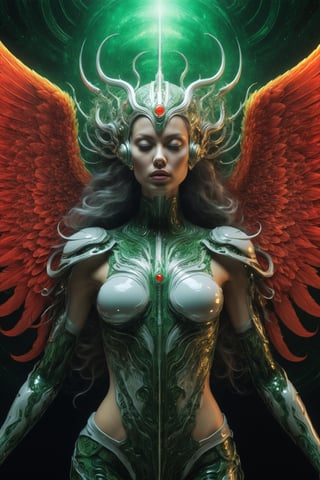 best quality goddess with whie hair translucent luminous burning phoenix wings and symmetrical biomechanical ornaments luminous covered full body tattoo levitation in cosmic outer space, green and red fire, epic, action pose, cosmos, energy, by H.R. Giger, cinematic light, cyberpunk, masterpiece, high detail, best quality, high resolution, hyper perspective, 3D shading, Octane Render, 8K resolution, trending on Artstation, ultra detailed, ultra accurate detailed, photo, perfect composition, beautiful detailed intricate insanely detailed octane render trending on artstation, 8 k artistic photography, photorealistic concept art, soft natural volumetric cinematic perfect light, chiaroscuro, award - winning photograph, masterpiece, oil on canvas, raphael, caravaggio, greg rutkowski, beeple, beksinski, giger,Movie Still,cyborg style