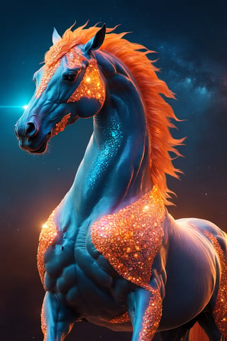 Celestial (alien:1.2) creature in horse shape, with blue and oranje opalescent skin and iridiscent scales, masterpiece, absolutely perfect, stunning image, visually rich, intricately detailed, concept art, by Mschiffer, glowy, cinematic, UHD wallpaper, 3d, octane render, volumetric lights,Movie Still