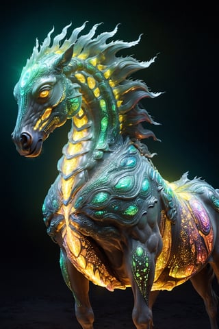 Celestial (alien:1.1) creature in horse shape, with opalescent skin and iridiscent scales, masterpiece, absolutely perfect, stunning image, visually rich, intricately detailed, concept art, by Mschiffer, glowy, cinematic, UHD wallpaper, 3d, octane render, volumetric lights,Movie Still,6000