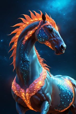 Celestial (alien:1.2) creature in horse shape, with blue and oranje opalescent skin and iridiscent scales, masterpiece, absolutely perfect, stunning image, visually rich, intricately detailed, concept art, by Mschiffer, glowy, cinematic, UHD wallpaper, 3d, octane render, volumetric lights,Movie Still