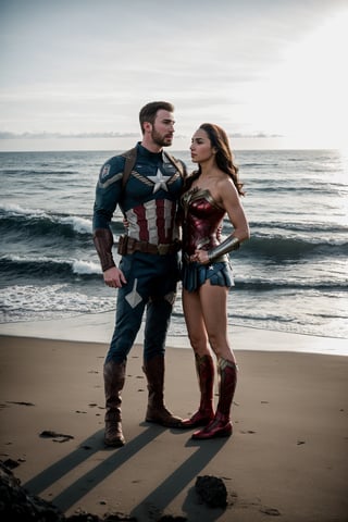 Full body RAW photo full body a couple captain america chris evans and wonder woman gal gadot by the ocean, photorealistic, cinematic, uhd, 12k, hero pose in action in secret military base, natural skin, 12k uhd, high quality, film grain, Fujifilm XT3.