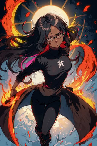 (flat color:1.3), (colorful:1.3), ((extremely detailed CG 8k wallpaper)), ((extremely beautiful)), top quality, detail, 25 year old female, perfect anatomy, (solo), (medium breasts), ((dark-skinned_female)), (female), (black eyes), (vibrant eyes), (black glasses), fully clothed, ((black hair hair)), ((long hair)), floating orange flower petals, very elaborate anime face and eyes, anime body, (((one character))), ((black coat)), grey t-shirt, ((black pants)), black leggings, ((brown  boots)), ((serious)), (ultra detailed), ((hands behind back)), ((simple background)). detailed eyes, lensflare, rim lighting, backlighting, chromatic aberration, RTX, post processing