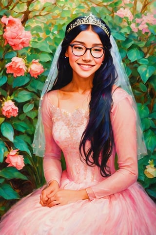  sk3tch of the full body of a beautiful 15 years old white girl with straight black hair wearing glasses,v0ng44g (by Alyssa Monks:1.1), by Joseph Lorusso, by Lilia Alvarado, smiling happy, wearing a tiara and a quinceañera dress, sitting on a garden full of flowers on a sunny day,  sharp focus, 8k, high res, (pores:0.1), (sweaty:0.8), Masterpiece,