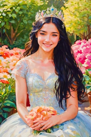  sk3tch of the full body of a beautiful 15 years old white girl with straight black hair wearing glasses,v0ng44g (by Alyssa Monks:1.1), by Joseph Lorusso, by Lilia Alvarado, smiling happy, wearing a tiara and a quinceañera dress, sitting on a garden full of flowers on a sunny day,  sharp focus, 8k, high res, (pores:0.1), (sweaty:0.8), Masterpiece,