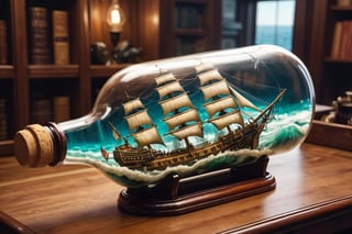 Full frame close up on an extremely detailed ship in a bottle with a cork in it laying on its side on a desk, inside the large clear bottle is a detailed realistic scene of a tall ship in rough seas being attacked by a giant kraken with it many tentacles wrapping around the ship, detailed, photorealistic, 8k wallpaper, ship in a bottle, ,galleon,tentacles