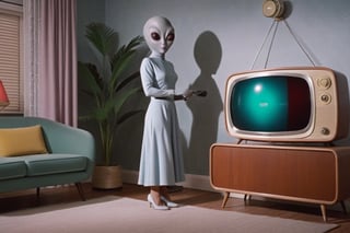 Scene of a 1950's livingroom with a grey alien standing pulling off a rubber human housewife vfx  suit, a retro tv and radio console in the background, Photorealistic, cinematic, 8k wallpaper ,1girl,greg rutkowski