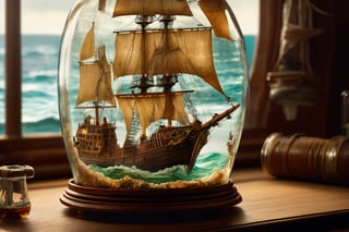 Full frame close up on a ship in a bottle, the neck of the bottle has a cork in it laying on its side on a stand on a wooden desktop, inside the large clear glass bottle is a detailed realistic tall ship in rough seas (being attacked by a giant kraken with it's many tentacles wrapping around the ship and up the insides of the glass bottle), detailed, photorealistic, 8k wallpaper, perfect ship in a bottle, galleon, cinematic
