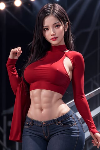 Dressed in a bright red crop top and low-rise v shape jeans, Curvy figure is on full display as she dances powerfully, Gorgeous S-line figure,
fit body, abs,
sweating,
revealing clothes, revealing lingerie,