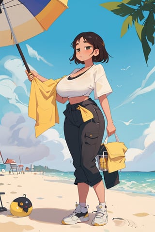 masterpiece, 8k, (skinny girl with huge saggy natural breasts), hot girl, short black messy hair, massive huge giant drooping oversized breasts, yellow beach towel around waist, curvy_figure, ,eguchistyle,SAM YANG