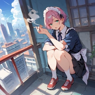 (score_9,score_8_up,score_7_up,score_6_up,score_5_up,score_4_up),1boy,male,cigarette,sloppy open mouth,maid outfit,maid headdress,squatting,on the roof of a building,skyscraper in tokyo,(smoke),(smoking:1.2),from above,solo,best quality,masterpiece,