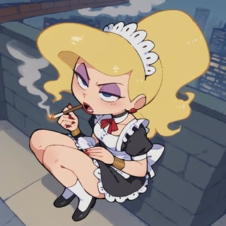 (score_9,score_8_up,score_7_up,score_6_up,score_5_up,score_4_up),1girl, female,cigarette,sloppy open mouth,maid outfit,maid headdress,squatting,on the roof of a building,skyscraper in tokyo,(smoke),(smoking:1.2),from above,solo,best quality,masterpiece,SyrupyyyArt,