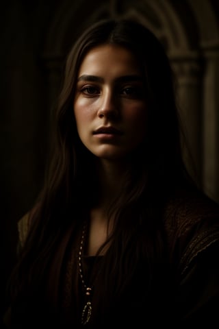 realistic, masterpiece, portrait best quality, melher 25 years, sad face, no smile, long brown hair, medieval, wise, moody lighting, glow, resplendent, mysterious, mystical, magical, edge lighting,Realism