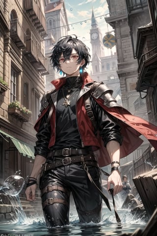 ((Cinematic)), A 20s man with red eyes has diamond-shaped face, messy slightly long jet-black hair, (medieval stylish leather clothing, iron shoulder plate, (water droplets shaped gemstone pendant), earrings), expressive, sad, medieval fantasy city,road,bganidusk,comic