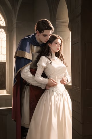 ((Cinematic)), (extremely detailed fine touch:1.2),(masterpiece), (best quality), (concept art), a woman hugged by a man from behind romantically, (medieval modest clothing), expressive, smooth lighting,art, illustration, romantic background, castle, bedroom, soft blending, loose lines, smooth shadow, milf, centered,High detailed, dynamic angle