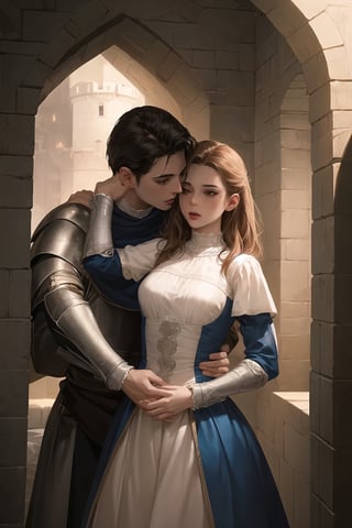 ((Cinematic)), (extremely detailed fine touch:1.2),(masterpiece), (best quality), (concept art), a woman hugged by a man from behind romantically, (medieval modest clothing), expressive, smooth lighting,art, illustration, romantic background, castle, bedroom, soft blending, loose lines, smooth shadow, milf, centered,High detailed, dynamic angle