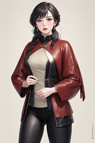 ((Cinematic)), (masterpiece), 1woman, rectangular-shaped face, modest hairstyles, (hunter outfit made by leather material, leather leggings) with medieval style and femininism color combo, delicate features, expressive, SOLO, feminine, milf, smooth lighting, random fantasy background,ohara koson,weibozh