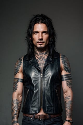 ((Full-Body Shot)), a photo of a metalhead male with loose styled long black hair, his head is looking to the left side, blue eyes, he has a smile, he is wearing leather vest clothing, he is playing a black jackson randy rhoads guitar, (tattoos:1.5), (textured skin, skin pores:1.2), (moles:0.8), (imperfect skin:1.1), intricate details, goosebumps, flawless face, ((photorealistic):1.1), (raw, 8k:1.2), dark, muted colors, slate atmosphere, RAW candid cinema, 16mm, color graded portra 400 film, remarkable color, ultra realistic, textured skin, remarkable detailed pupils, realistic dull skin noise, visible skin detail, skin fuzz, dry skin, shot with cinematic camera, detailed skin texture, subsurface scattering
,frank grillo
