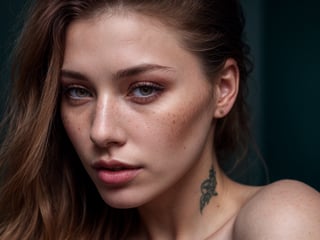 ((Face Close-Up Shot)),a photo of a russian seductive woman with loose styled redhead, aroused, lips partly open, tongue licking her lips, (tattoos:1.1), mascara, (textured skin, skin pores:1.2), (moles:0.8), (imperfect skin:1.1), intricate details, goosebumps, flawless face, (light freckles:0.9), ((photorealistic):1.5), (raw, 8k:1.2), dark, muted colors, slate atmosphere, RAW candid cinema, 16mm, color graded portra 400 film, remarkable color, ultra realistic, textured skin, remarkable detailed pupils, realistic dull skin noise, visible skin detail, skin fuzz, dry skin, shot with cinematic camera, detailed skin texture, (blush:0.5), (goosebumps:0.5), subsurface scattering
