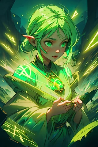 (best quality, masterpiece), 1girl, upper-body, modern green witch, casting green earth magic, aura,  iridescent green, magic city, white and green clothing ,GlowingRunes_