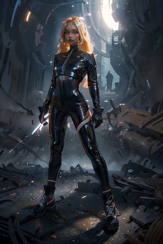 a 20 yo woman, blonde, (full body), dark theme, soothing tones, muted colors, high contrast, (natural skin texture, hyperrealism, soft light, sharp),weiboZH,latex bikesuit,3DMM,fate/stay background,EnvyBeautyMix23