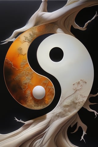 “Embrace the oneness formed by the duality of yin and yang. These interdependent opposites intertwine in a constant flow between nature and human life” . amber made . realistic . art piece . art gallery . beautiful soft light