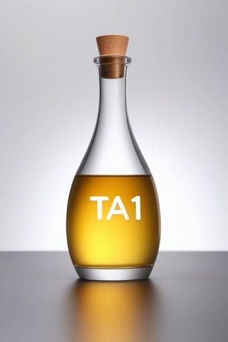 the phrase "TA 1 year" floating in a beatiful bottle, transparent liquid, over a white modern table, degrade grey background