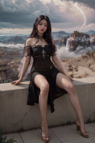 (Masterpiece:1.2, high quality,(high-speed capture),photorealistic:1.2), (cinematic lighting),white skin girl, longcurly black hair, dark brown eyes with eyeliner, full  mouth,fullbody,outdoor,(otherworldly), highly insanely detailed, masterpiece, top quality, best quality, highres, 4k, 8k, RAW photo, (fantasy world), sexy pose,funy situation,