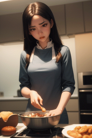 masterpiece, ultra detailed, sharp focus, 1girl, embarrased, unhappy, animated cooking, frying food, raidenshogundef