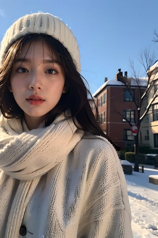 masterpiece, best quality,1girl, solo, black hair, scarf, hat, realistic, looking at viewer, black eyes, long hair, coat, winter clothes, white scarf, lips, bangs, outdoors, closed mouth, upper body,jennierubyjenes