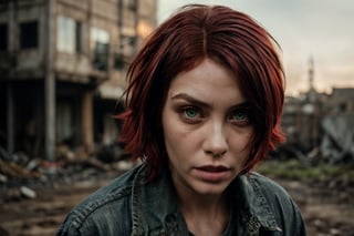 masterpiece, best quality,masterpiece, best quality, realistic, ultra highres, depth of field, 1girl,20years,(short red hair:1.5)untidy ,dirty,soiled_clothes,large teeth,overbite, cute,(green_eyes:1.0)torn dirty clothing, frightened look in her eyes, looking for help,(hard lighting:1.2), (detailed face:1.2), (detailed eyes:1.2), (detailed background:1.2), (war zone:1.2)battleground,(bomber out buildings in background, (masterpiece:1.2), (ultra detailed), (best quality), intricate, comprehensive cinematic, magical photography, (gradients), colorful, detailed landscape, visual key, shiny skin,,,perfecteyes, , , ,TimBurton Animation