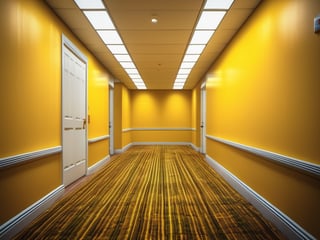 8k, high resolution, hdr, intricate details, realistic, an award-winning photograph of an eerily empty hallway, yellow walls and carpet, fluorescent lights, transitional space, liminal space, dread