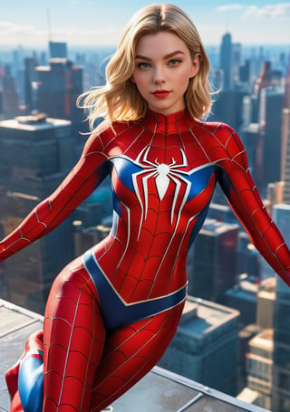 (Extreme Detail CG Unity 8K wallpaper, masterpiece, highest quality), (exquisite lighting and shadow, highly dramatic picture, cinematic lens effect), a girl Anya Taylor-Joy in a red Spider-Man bikini costume, blonde hair, from the Spider-Man parallel universe, Wenger, Marvel, Spider-Man, on the roof, (dynamic pose), (excellent detail, outstanding lighting, wide angle), (excellent rendering, enough to stand out in its class), focus on red Spider-Man bikini costume, athletic legs, complex spider texture, xxmix_girl, p3rfect boobs