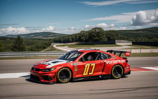 realistic photograph of a sports car race on a Nascar-like racetrack, the cars have different colors in vibrant tones with lines and team markings. highly detailed landscape photography.