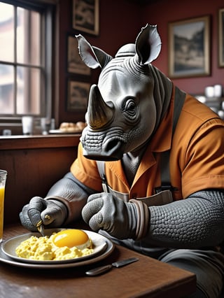 Hyperrealistic RAW analog photo of an anthro (rhino:1.1) (man:0.9) dressed like a construction worker, seated in a table of an old restaurant, plate of scrambled eggs, (sharp focus, hyper detailed, highly intricate, physically based unbiased rendering:1.10), natural lighting, Extremely high-resolution details, photographic, realism pushed to extreme, fine texture, incredibly lifelike, cinematic, 35mm film, 35mm photography, film, photo realism, DSLR, 8k uhd, hdr, ultra-detailed, high quality, [[skin]]