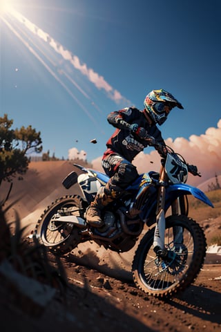 mandolarian, nice motorcross, splash white background, riders, space, speed view, dusty, sunrays, dramatic, expressive colouring, painting, cinematic lighting art colour (masterpiece:1.1), best quality, proportional drawing,3DMM,zbxr,perfecteyes,inksketch,pixel art