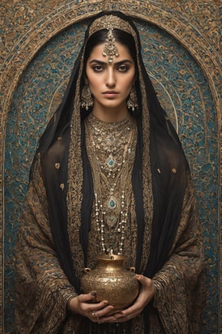 Generate hyper realistic image of a Persian woman adorned with eerie accessories, carrying a vessel that captures the essence of souls, symbolizing her role as a collector of the departed in a grim and supernatural world.