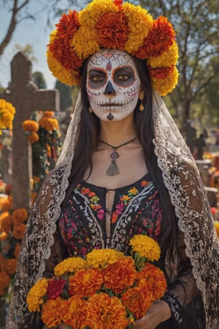 Generate hyper realistic image of a Persian  woman participating in Dia de los Muertos festivities, adorned in a traditional Catrina costume with intricate face paint, surrounded by marigolds and candles in a vibrant cemetery. upper body shot,Extremely Realistic