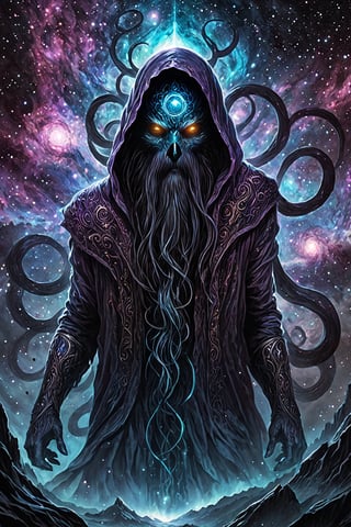Generate hyper realistic image of a Persian entity emerging from a cosmic void, its form an amalgamation of darkness and swirling nebulae. The voidwalker's eyes should be portals to distant galaxies, and tendrils of inky blackness should reach out into the cosmic abyss. Convey the eldritch presence as the lurking voidwalker navigates the vast expanses of cosmic emptiness., 